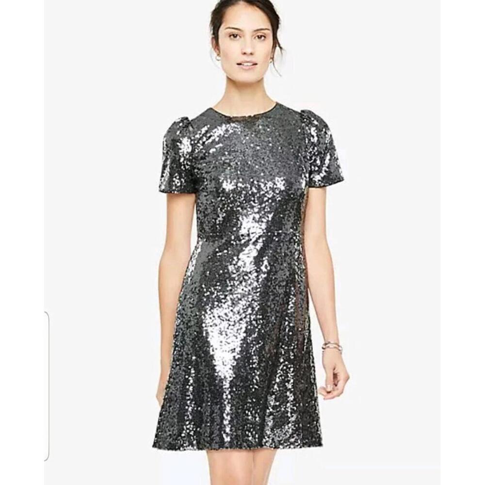Ann Taylor Metallic Silver Sequined Women's Dress Size 2 Short Sleeve. NEW $179